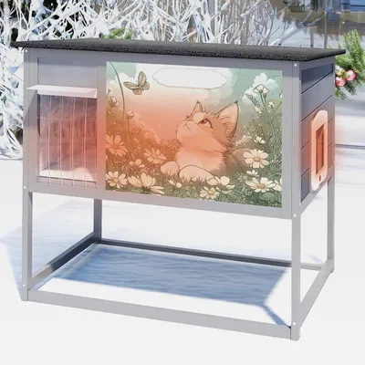 Produktbild von isoliertes Katzenhaus Outdoor Winterfest mit hohen Beinen – Grau mit Buntem Design, Holz Haustierhaus wetterfest mit PVC-Türvorhang, Wärmedämmung & aufklappbarem Dach für Katzen und Kleintiere