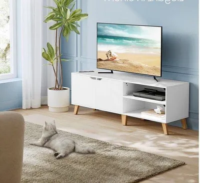 Productafbeelding van TV-kast met 2 deuren - TV-meubel voor televisies tot 65 inch - Kast met verstelbare planken - Wit - 40 x 140 x 50 cm