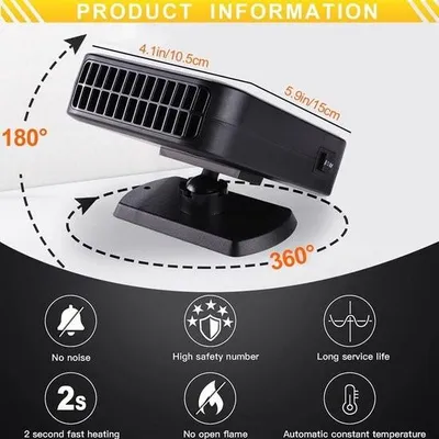 Image de Radiateur portable 12 V 200 W pour voiture, pour un chauffage et un refroidissement rapides – Modes 2 en 1 – Dégivreur de pare-brise – Socle pivotant à 360°