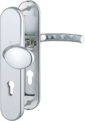 A silver door handle set with a keyhole.