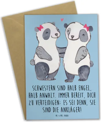 Produktbild von Mr. & Mrs. Panda neujahrskarte Schwesternwunder - Blau Pastell - Geschenk, weihnachtskarten, Grußkarten, schwestern humor, einladungskarten, geschwisterstreit, osterkarte