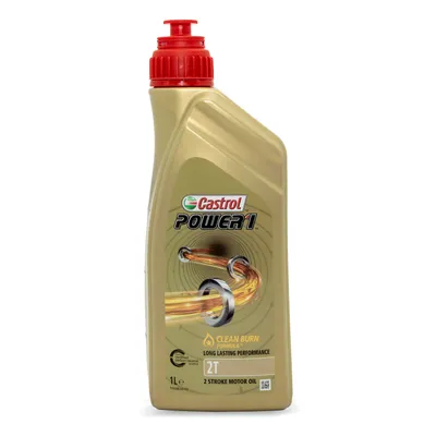 A bottle of Castrol Power 1 2T 1 Liter motor oil.