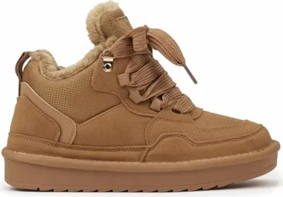 A single brown sneaker shown from a side-diagonal angle against a white background.