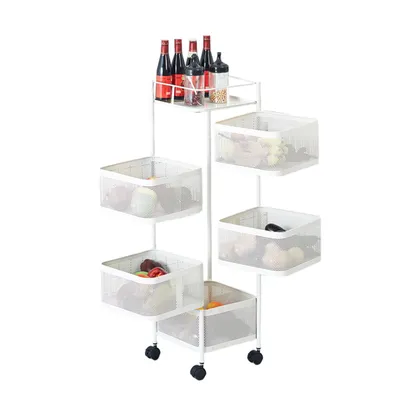 Produktbild von Küchenregal mit 5 Ebenen und Drehbare Regale mehrschichtiger Organizer-Korb Küchenwagen rollregal metallmit rollen Weiß