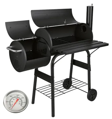 Produktbild von Izrielar Smoker Holzkohlegrill mit 2 Rädern und Temperaturanzeige, Grillwagen mit Deckel, Schwarz