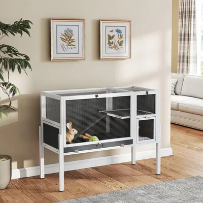 Produktbild von SUGIFT Kleintierstall höhenverstellbar, Hamsterkäfig Kaninchenstall Nagerstall, Tannenholz Metall, Grau | 120x53x93 cm | Ausziehschale | 15,9 kg