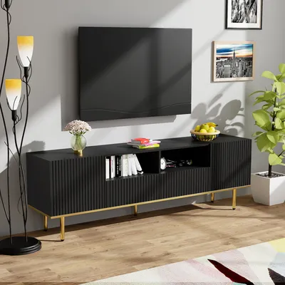 Produktbild von MODFU Lowboard TV-Schrank mit 2 Schublade und 2 Tür, Lange 165cm Fernsehtisch Wohnzimmerschränke TV-Möbel mit goldenen Füßen für Fernseher bis zu 70 Zoll für Wohnzimmer, Esszimmer und Schlafzimmer,Schwarz