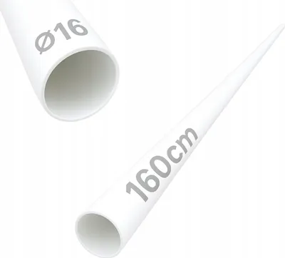 Two views of a white pipe, one close-up showing diameter and the other showing length.