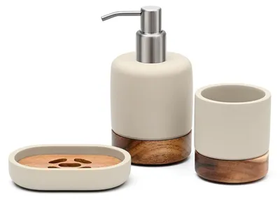 Image de Ensemble d'accessoires de salle de bain 3 pièces : distributeur de savon en béton et bois, porte-savon, porte-brosses à dents, couleur gris