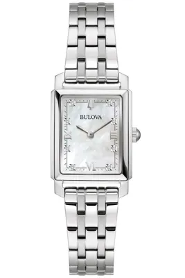 A product shot of a silver Bulova watch with a white mother-of-pearl dial.