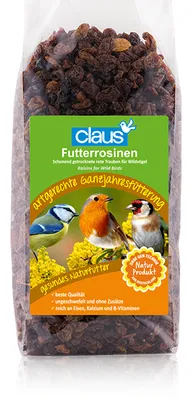 A bag of bird food (raisins) with a label showing birds and product information.