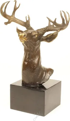 Produktbild von Casa Padrino Luxus Hirschkopf Bronzefigur Bronze / Gold / Grau H. 50 cm - Elegante Dekofigur mit Marmorsockel