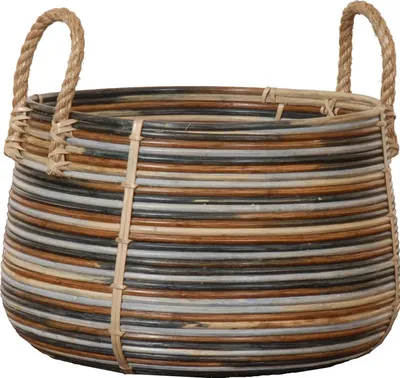 Produktbild von KRINES HOME Retro-Design Dekokorb / Tragekorb, Aufbewahrungskorb mit Seil-Griffen / Flechtkorb aus Natur Rattan / Holzkorb, Korb Box Henkel Aufbewahrung (Mehrfarbig)