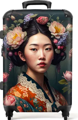 Produktbild von NoBoringSuitcases.com® Großer Koffer - Frau - Blumen - Kimono - Porträt - Asiatisch - Kombinationsschloss TSA - Hartschalen Trolley 4 Rollen - 72 liter - Reisekoffer - 66 cmKoffer Mittelgroß 67x43x25 cm, 72L,
