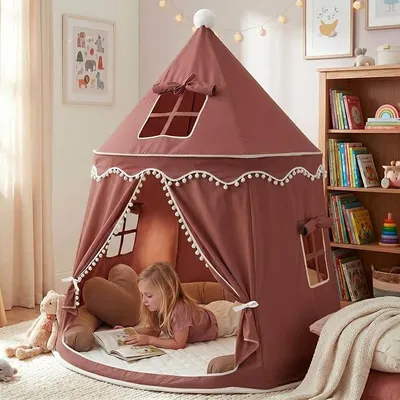 Imagen del producto de Tienda de juegos para niños, fabricada con suave algodón tipo seda, en color rosa hada, de 110x110x130 cm. Tienda infantil para interiores con tecnología TripleAir, cómoda alfombra y bolsa de transporte. Estructura estable y acogedora, ideal para la habitación de los niños