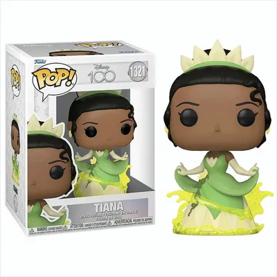 A Funko Pop! figure of Princess Tiana from Disney, shown both in its packaging and displayed outside of it.