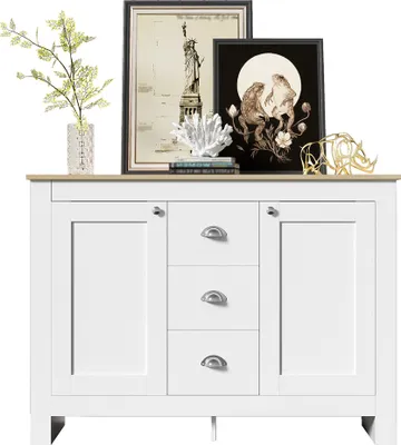 Immagine prodotto di Credenza AIORBER, 2 ante, 3 cassetti, con ripiani regolabili, cerniere soft-close, maniglie argento, per cucina, soggiorno, 116x35x81cm, bianco