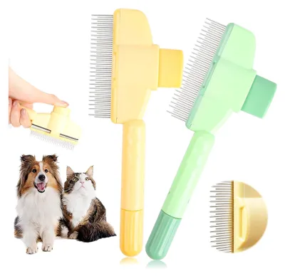 Produktbild von Selbstreinigender Flohkamm für Haustiere, Katzenkamm, Haarbürste zur Entfernung von Tierhaaren, Fellpflegebürste (grün 1 Stück + gelb 1 Stück)