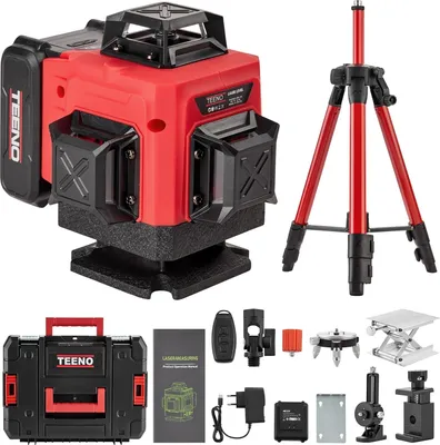 Image de TEENO Laser à lignes croisées Vert 4x360 degrés Vert Autonivelant Laser Niveau à bulle, avec trépied +2 * 4800mAh Autonivelant 16 lignes, avec écran, IP54 pour intérieur et extérieur chantier de construction