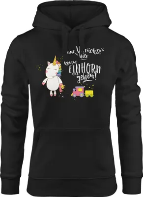 Produktbild von Damen Kapuzen-Pullover Nur Verrückte hier komm Einhorn wir gehen Moonworks® schwarz M