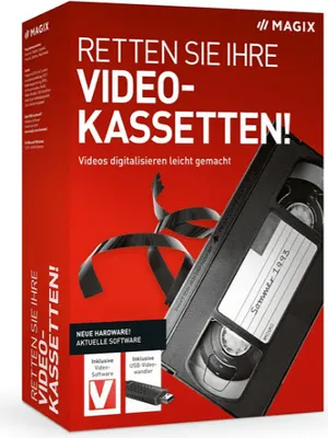 A product box for Magix video cassette conversion software, featuring a VHS tape.