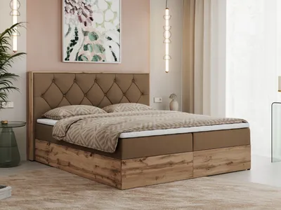 Produktbild von MKS MEBLE Boxspringbett 200x200 mit Bettkasten Eiche, Polsterbett 200x200 mit Matratze H4, Bett 200x200 mit Kopfteil, Bett mit Holzrahmen in Wotan Eiche - Braun Kunstleder - Veneto