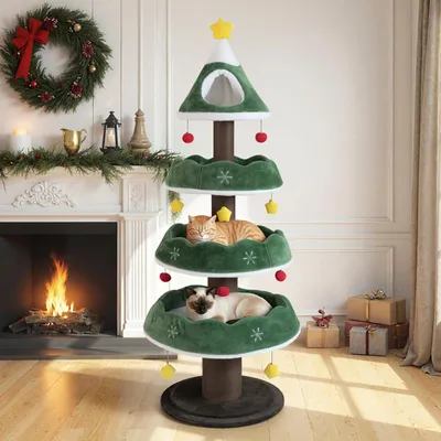 Produktbild von COSTWAY 179cm Kratzbaum Weihnachten, Katzenbaum mit 3 Plattformen, 1 Höhle, Dicker Stamm, großer Basis&11 Bällen, Katzenmöbel Weihnachtsbaum Grün
