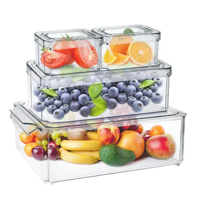 Produktbild von 4 Stück kühlschrank organizer, stapelbare kühlschrank organizer mit deckel, BPA-frei, klar Obst-Aufbewahrungsbehälter für Kühlschrank-Organizer