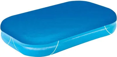 A blue rectangular pool cover with rounded corners, shown from a slightly elevated side angle on a white background.