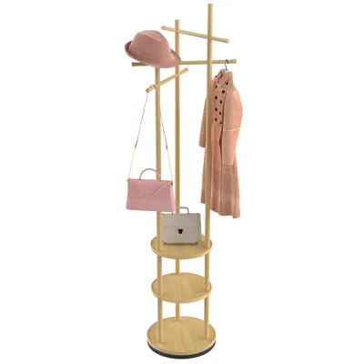 Image de Porte-manteau en bois sur pied rotation à 360 degrés pour les vêtements chapeaux sacs couleur naturelle