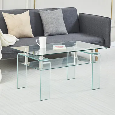Zdjęcie produktu dla Stolik szklany 100 x 55 cm, przezroczysty, szkło hartowane, przezroczyste szklane nogi, stolik kawowy, 100 x 55 x 45 cm