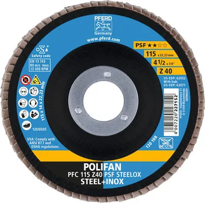Produktbild von Schleifmopteller Fächerscheibe PFERD PSF STEELOX Stahl/Inox Ø 115x22,23 mm Korn 40