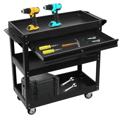 Productafbeelding van Werkplaats Trolley met 3 Compartimenten - Mobiele Metalen Gereedschapskast - Zwart