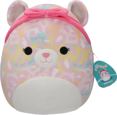 A plush toy with a rainbow leopard print and a pink headband and bow.
