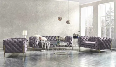 Produktbild von S-STYLE MÖBEL - Chesterfield Polstergarnitur 3+2+1 Nova mit Goldene Metall Füßen aus Grau Samtstoff, B/T/H: 3er - 243 cm/ 100 cm/ 75 cm