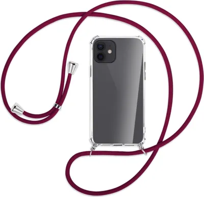 Produktbild von Handykette Backcover-Schutzhülle mit Band (Metall silberfarben) für Apple iPhone 12, 12 Pro - dunkelrot