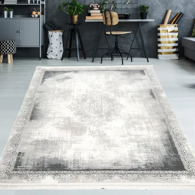 Produktbild von Wollteppich mit Verzierungen & Fransen in grau Größe - 80 x 300 cm