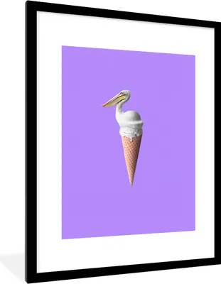 Produktbild von MuchoWow® Gerahmtes Poster Eiscreme - Vogel - Pelikan - Weiß - Eistüte 60x80 cm - Poster mit Schwarzem Bilderrahmen Wandposter Rahmen Foto Bilder - Wohnzimmer - Dekorationen - Prämie