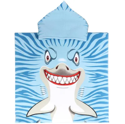 Produktbild von com-four® Badeponcho mit Kapuze - Strandtuch mit Hai-Motiv - Kapuzenüberwurf für Strand, Schwimmhalle und Badezimmer - weiches Handtuch zum Überziehen