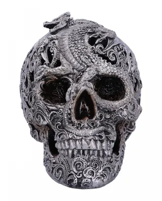 Produktbild von Silberfarbener Drakos Totenkopf mit eingraviertem Drachenmotiv 19,5 cm