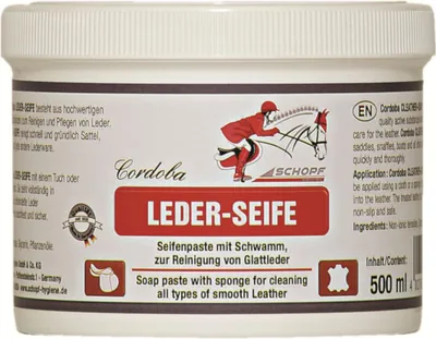 A tub of leather soap with a graphic of a rider and horse.