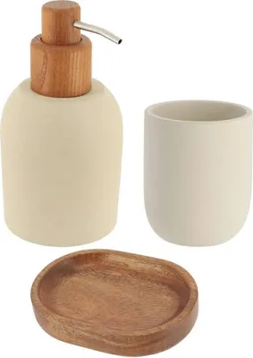 Produktbild von Tendance Badzubehör Set 3-tlg Seifenspender Seifenschale Zahnputzbecher beige braun Zement Holz 8x8x16 cm