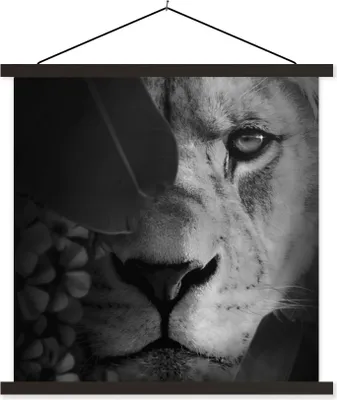 Produktbild von MuchoWow® Textilposter Pflanzen - Dschungel - Löwe - Schwarz - Weiß 120x120 cm mit schwarzem Rahmen - Aufhängungsset