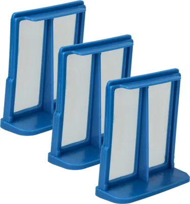 Three blue and white lint filters are arranged in a diagonal line against a white background.