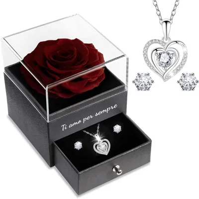Produktbild von Konservierte Rose mit Herz Halskette Geschenk Rot