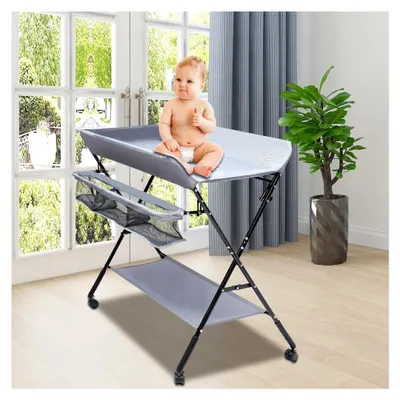 Produktbild von Wickeltisch Klappbar, Tragbare Mobiler Klappbarer Wickelkommode mit 4X Universal-Räder, Baby Wickelkombi für Babys im Alter von 0-1 Jahren, Bis von 25kg, Grau