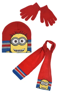 Produktbild von Minions Kinder Winter-Set 3-tlg. Mütze, Schal und Handschuhe Rot , Größe:52