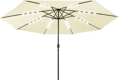 A cream-colored patio umbrella with LED lights, shown from a top-down perspective.