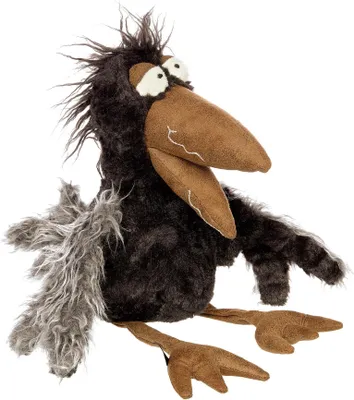 A plush toy crow is shown against a white background.