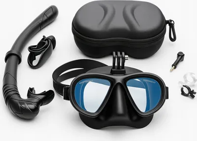 Produktbild von Schnorchelset mit Tauchmaske, Schnorchel, gehärtetem Glas, UV-Schutz, Anti-Beschlag und Etui